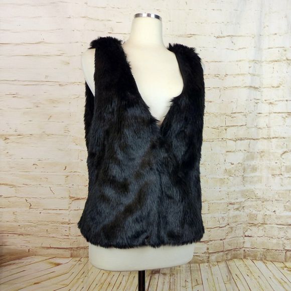 Papaya Faux Fur Vest Juniors L Black Front Hooks V-Neck Boho Rock Chic Mod Punk - Picture 9 of 12